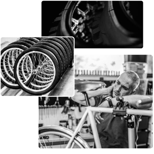 Stored bicycle wheel and professional in soft mobility repair