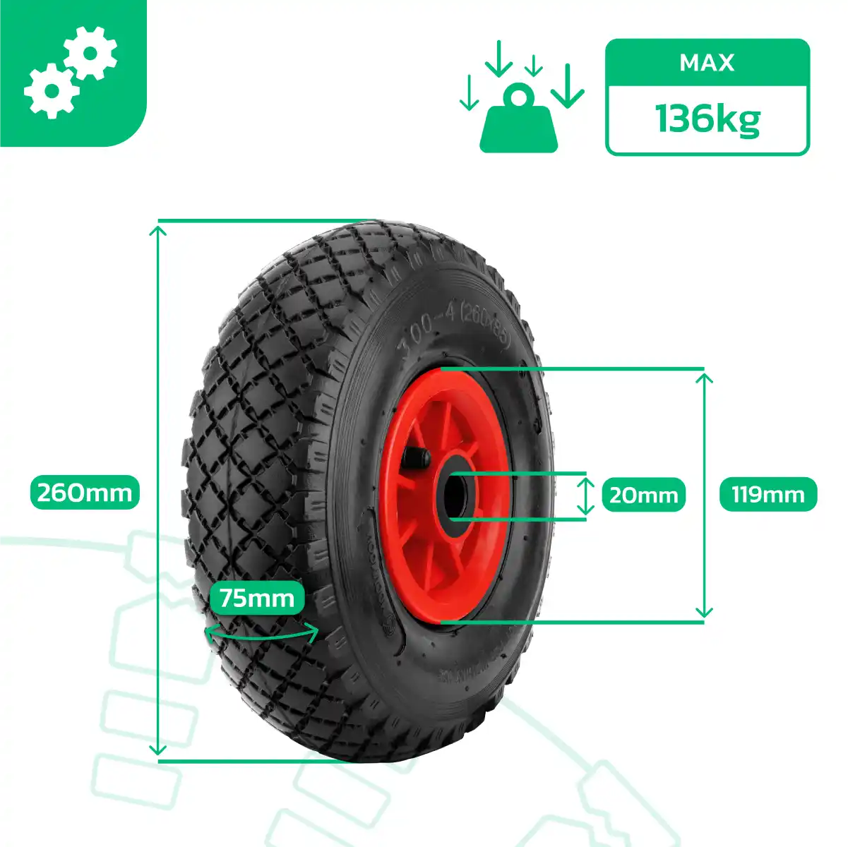 Wheel 3.00-4 PVC rim bore 20mm garden trolley