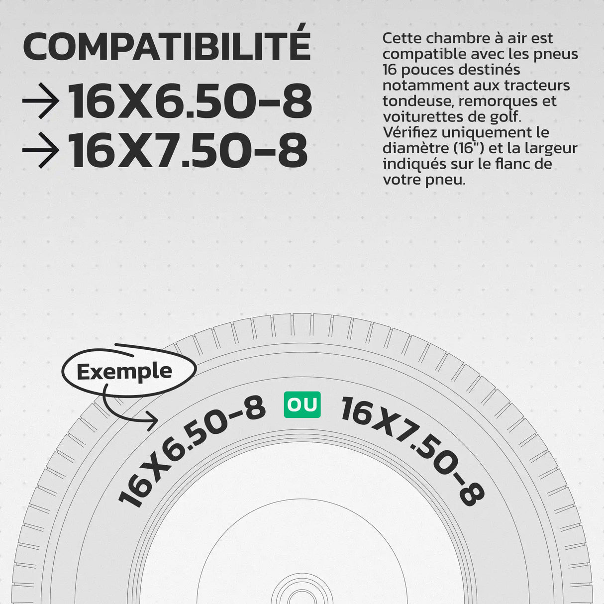 Tableau de compatibilité des tailles – Chambre à air 16x6.50-8 MoovMoov