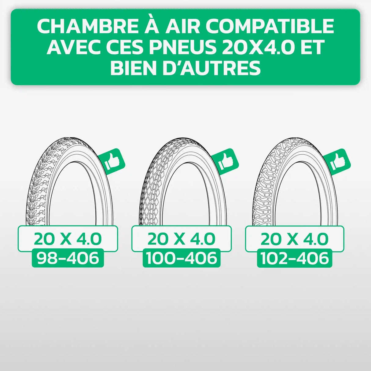Tableau de compatibilité des tailles – Chambre à air Fatbike 20x4.0 MoovMoov