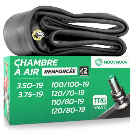 Chambre à air moto 19 pouces MoovMoov pour pneus de 100/100-19, 120/70-19, 110/80-19, 120/80-19, 3.50-19 et 3.75-19, valve TR6
