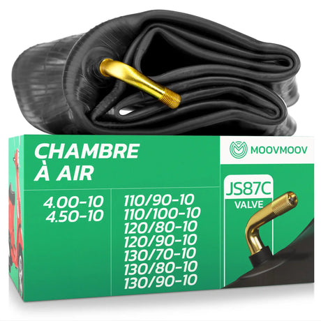 Chambre à air moto 10 pouces MoovMoov pour pneus de 110/90-10, 110/100-10, 120/80-10, 120/90-10, 130/70-10, 130/80-10, 130/90-10, 4.00-10 et 4.50-10, valve JS87C