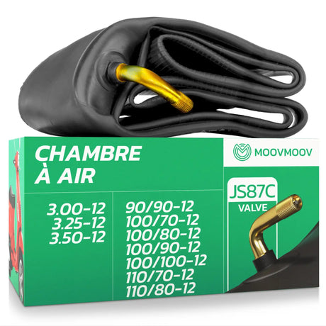 Chambre à air moto 12 pouces MoovMoov pour pneus de 90/90-12, 100/70-12, 100/80-12, 100/90-12, 100/100-12, 110/70-12, 110/80-12, 3.00-12, 3.25-12 et 3.50-12, valve JS87C
