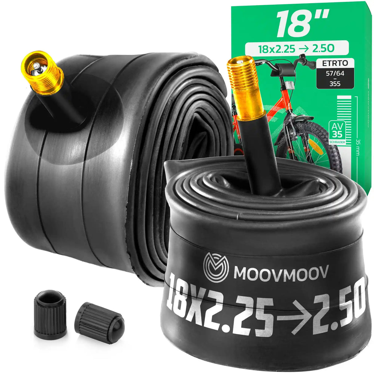 Chambre à air 18 pouces MoovMoov pour pneus de 18x2.25 à 18x2.50, valve Schrader 35 mm