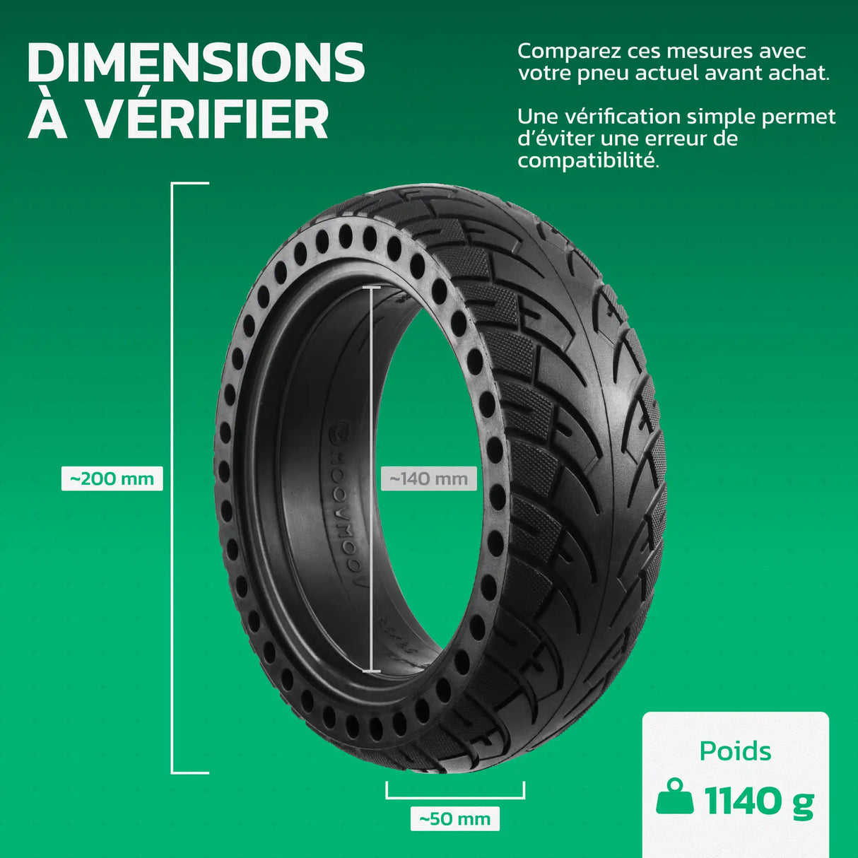 Pneu plein 8 1/2x2.5 pour trottinette – dimensions et poids MoovMoov