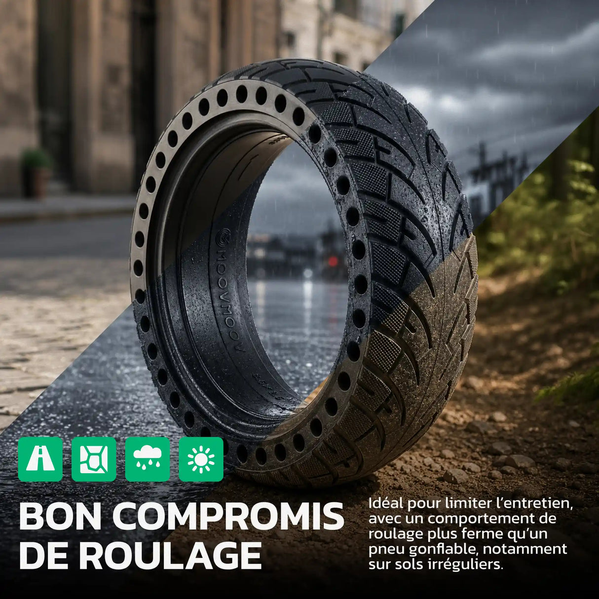 Pneu plein 8 1/2x2.5 increvable tout-terrain pour trottinette MoovMoov