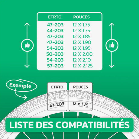 Tableau de compatibilité des tailles – Chambre à air 12 pouces MoovMoov